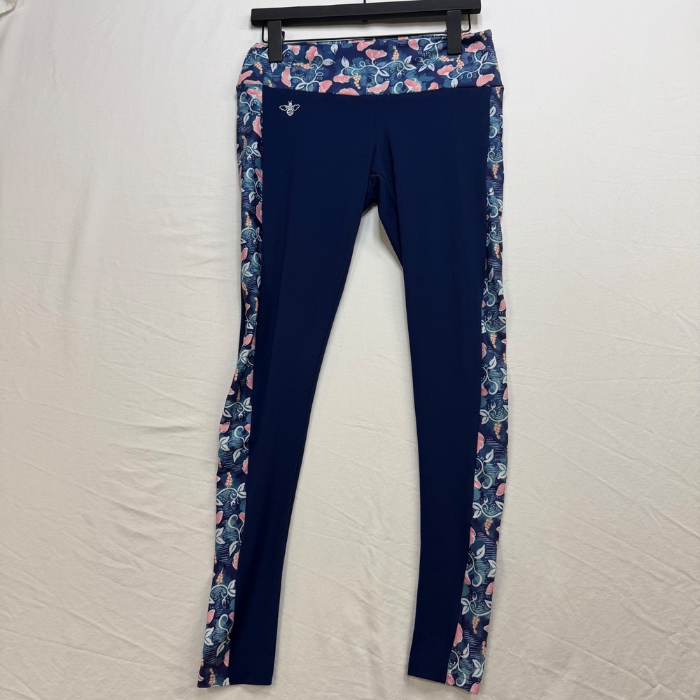 Lily Grace Womens Navy Blue Floral Side Stripe Athletic Leggings Size M Bee Logo